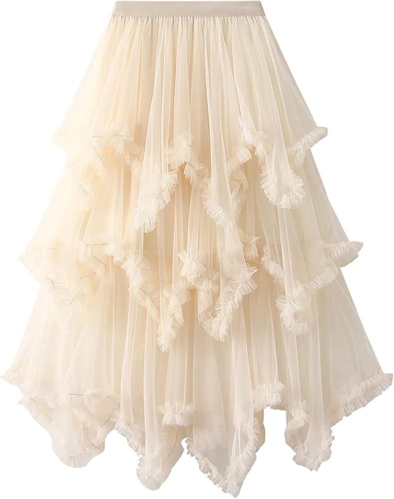 Women Tulle Skirt Formal High Low Asymmetrical Midi Tea-Length Elastic Waist Tutu Skirts | Amazon (US)