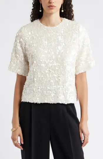 Nordstrom Sequin Short Sleeve Top in Ivory Sequin at Nordstrom Rack, Size X-Small | Nordstrom Rack
