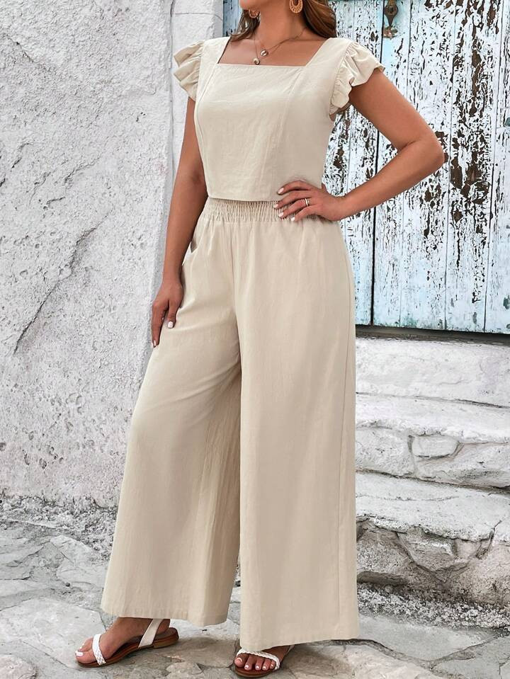 SHEIN VCAY Plus Square Neck Ruffle Trim Top & Wide Leg Pants | SHEIN