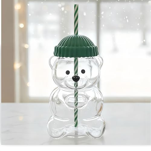 JOLINO Bear Straw Glass Cup 20oz ，Eco-Friendly Cute Bear with Lid & Reusable Straw, Cute Animal Design Glass Cup for Boba, Smoothies & Iced Coffee and Cocktails，Dishwasher Safe | Amazon (US)