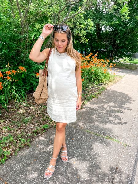Summer outfit inspo — this @jcrew linen dress is AMAZING & I love the metallic sandals with it! I sized up to a medium for the 33 week bump // #ad #injcrew 

#LTKSeasonal #LTKBump #LTKFindsUnder100