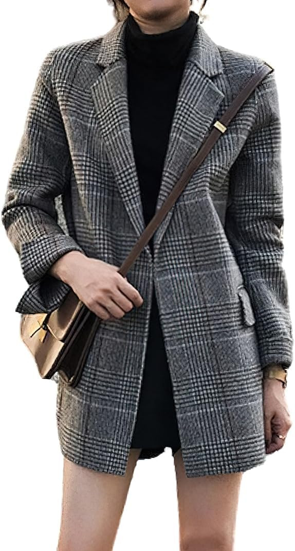 chouyatou Women's Elegant Plaid Wool Blend Casual Business Blazer Jacket Notch Lapel Dressy Work ... | Amazon (US)