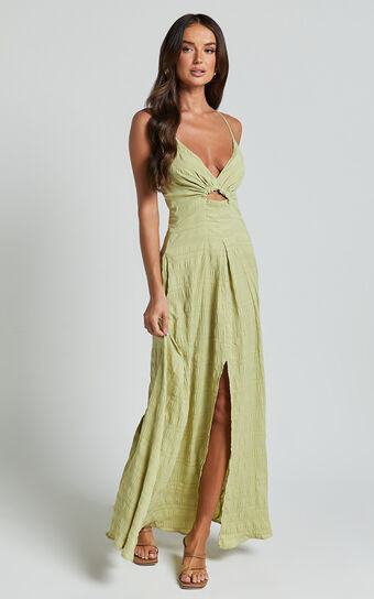 Marisse Maxi Dress - Cut Out Front Split Cross Back Textured Dress in Celery | Showpo (US, UK & Europe)