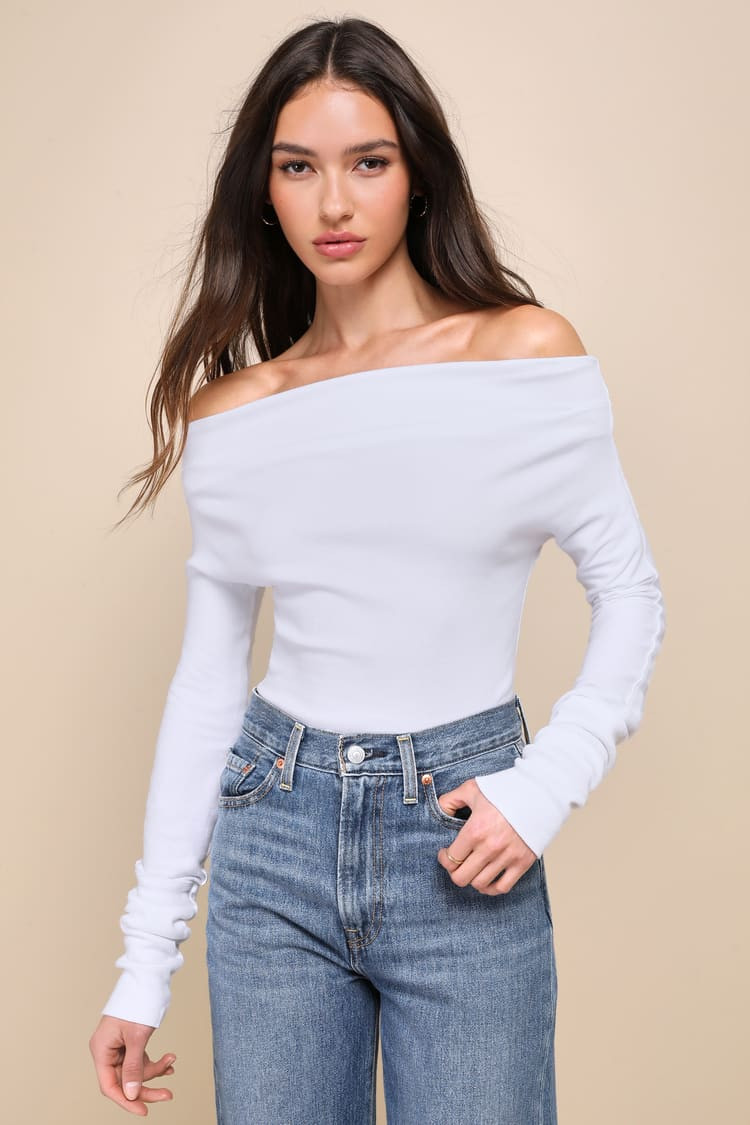 Gigi White Ribbed Off-the-Shoulder Long Sleeve Top | Lulus