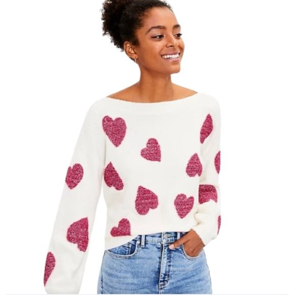 Loft Shimmer Heart Boatneck Valentine Wool Blend Sweater Women’s Size Medium | Poshmark