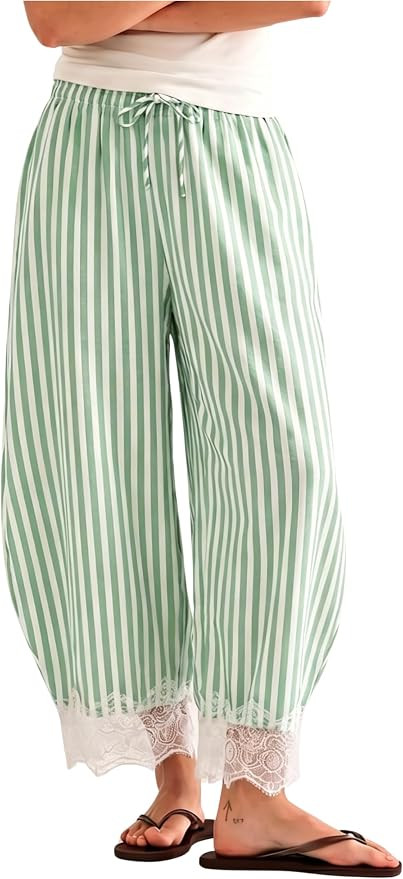 MINSURE Women's Striped Lace-Hem Capri Pants Casual Summer Wide Leg Cropped Palazzo Trousers with... | Amazon (US)