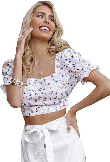 Floerns Women's Ditsy Floral Square Neck Puff Sleeve Backless Crop Top | Amazon (US)