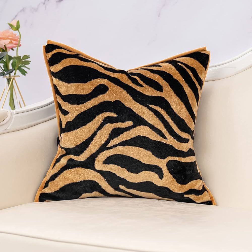 Yangest Black and Gold Square Pillow Cover Cut Velvet Zebra Print Cushion Cover Luxury Modern Pil... | Amazon (US)