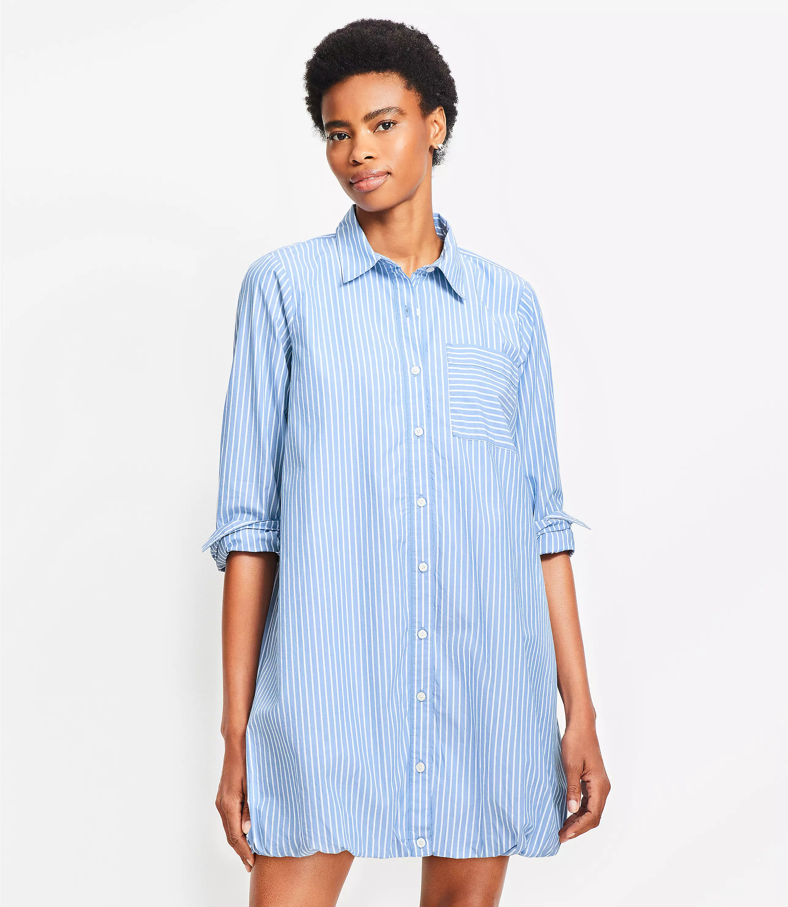 Striped Poplin Bubble Hem Mini Pocket Shirtdress | LOFT