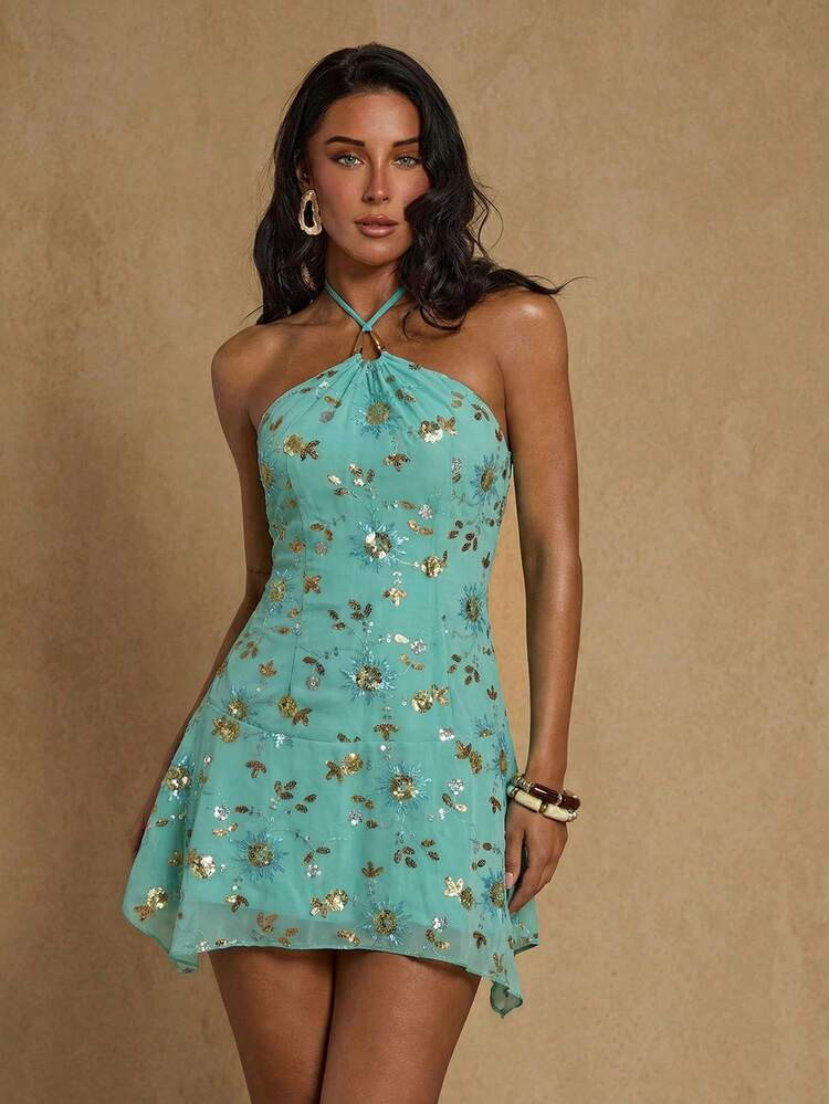 Glamine Women's Orange Sequin Sexy Vacation Party Sleeveless Asymmetrical Hem Mini Halter Dress Turquoise Floral Sequin Halter Mini Dress Boho Festival Halter Dress Easter Party Sequin Dress Coachella Sunflower Print Dress Vacation Bodycon Mini Dress Turquoise Boho Sundress Asymmetric Hem Floral Dress Easter Brunch Boho Dress Coachella Festival Wear Beach Vacation Party Dress Spring Festival Outfit Resort Wear Mini Dress Easter Sunday Outfit Turquoise Floral Sequin Halter Mini Dress | Coachella Festiva | SHEIN