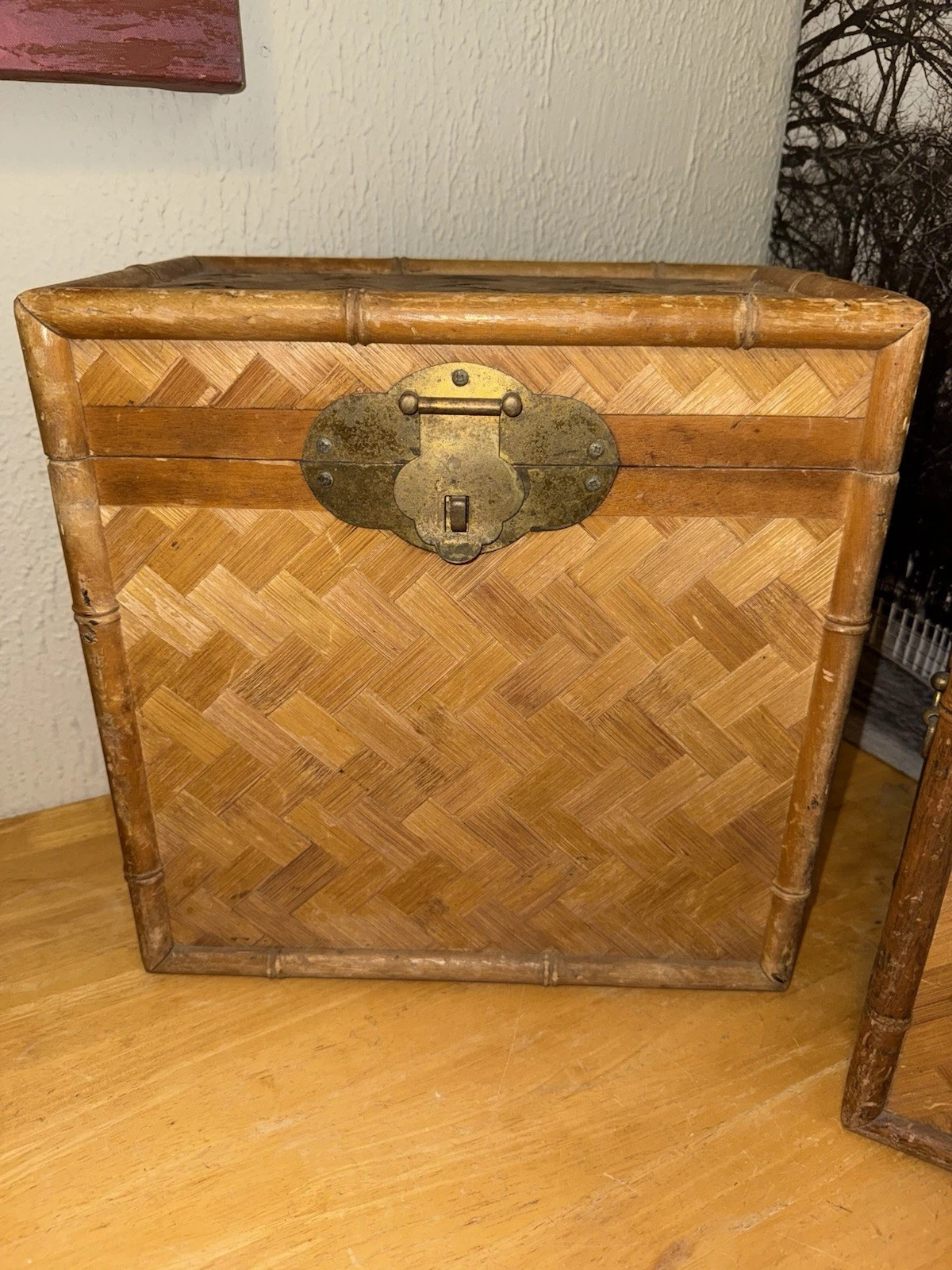 Vintage Set Of 2 Chinoiserie Bamboo Chest Trunk Table Herringbone Woven Wicker | eBay US