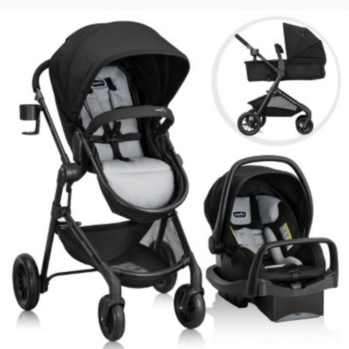 EvenFlo Pivot Modular Travel System | $319.99 

Features: 
• Car Seat Stage: Rear-Facing Harness (4-35 pounds)
• Car Seat Safety Features: 5 Point Harness, LATCH equipped base, Anti-rebound bar
• Stroller Seat Adjustments: Full recline into carriage mode, Reversible seat for forward or parent facing ride
• Includes: Stroller, car seat, car seat base, oversized storage basket, large cruiser tires with tread, parent cup holder with handy locking tab, child snack tray
• Versatile: The modular frame can be configured with up to 6 modes of use, allowing your child to be parent-facing or forward-facing
• Fold and Go: Conveniently self-stands in seconds with trigger-fold activation

Target | $319.99