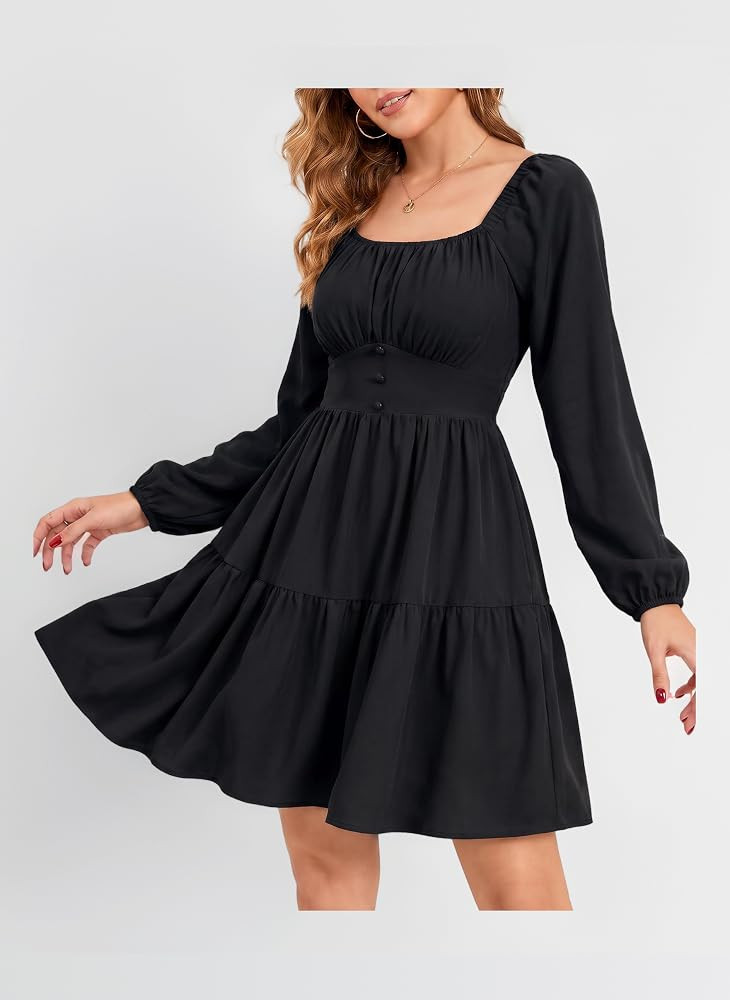 Florboom Damen Kleid Elegant Langarm Eckiger Ausschnitt Minikleid A-Linie Herbst Freizeitkleid mi... | Amazon (DE)