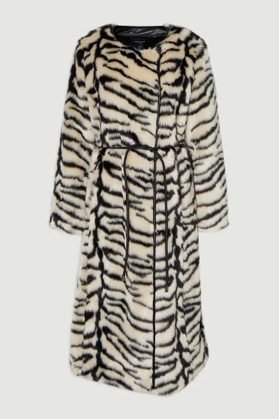 Faux Fur Zebra Collarless Tie Belted Midi Coat | Karen Millen US