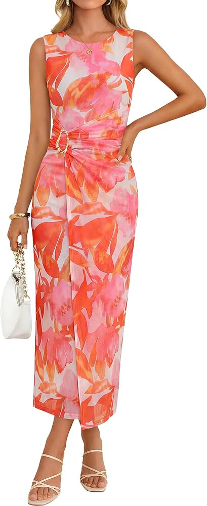 ZESICA Women's 2026 Summer Floral Bodycon Midi Dress Sleeveless Crewneck Mesh Ruched Wedding Gues... | Amazon (US)