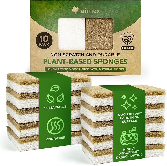 10 Pack Biodegradable Natural Kitchen Sponge - Compostable Cellulose and Coconut Walnut Scrubber ... | Amazon (US)