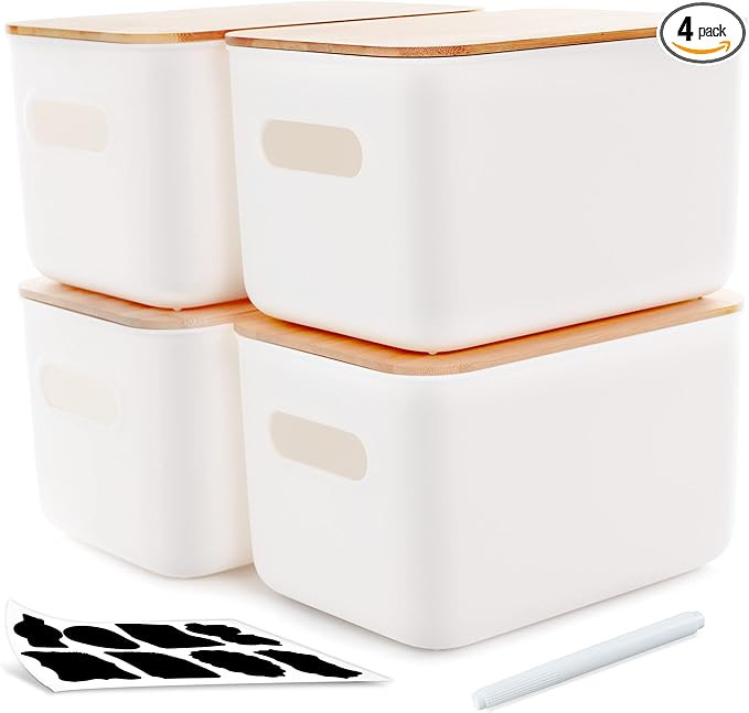 Citylife 4 Packs Plastic Storage Bins with Bamboo lids Stackable Storage Containers for Organizin... | Amazon (US)