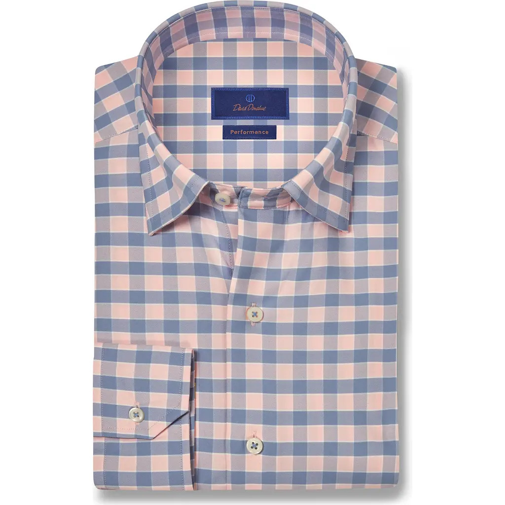 David Donahue Plaid Print Performance Sport Shirt in Blue/Pink at Nordstrom Rack, Size Small | Nordstrom Rack