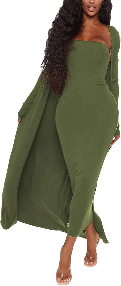 Ohvera Women's 2 Piece Outfits Spaghetti Strap Bodycon Midi Dress Long Cardigan Sets | Amazon (US)