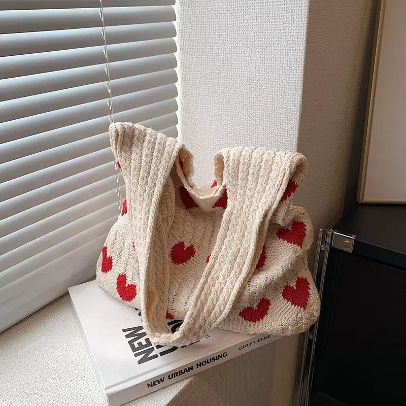Cute Cartoon Knitted Tote Bag Heart Print Shoulder Bag - Temu | Temu Affiliate Program