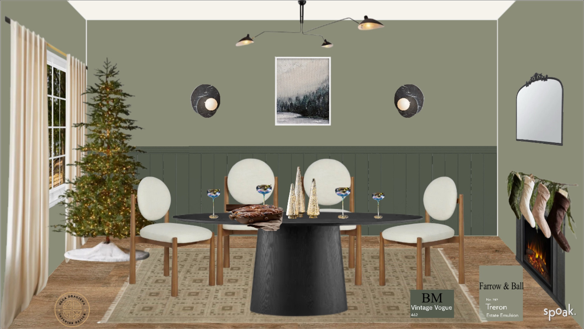 Gorgeous green dining room with dining chairs from Lulu & Georgia, wool rug, marble sconces, mid-century modern chandelier, winter wall art, Christmas decor, Christmas tree, black mirror. #moodboard #diningroomdesign 

#LTKSeasonal #LTKHoliday #LTKHome