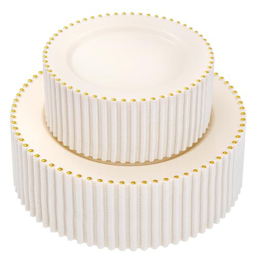 supernal 100pcs Ivory Plastic Plates with Gold Beads - Heavy Duty Elegant Disposable Plates Set Include 50 Cream Plastic Dinner Plate and 50 Dessert Plate Perfect for Wedding, Birthday & Party | Amazon (US)