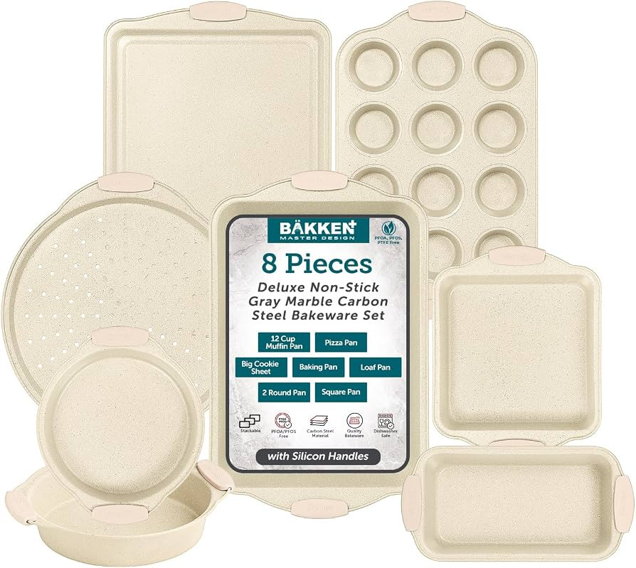 Deluxe 8-Piece Carbon Steel Bakeware Set - Nonstick White Marble Coating, Silicone Handles - Prof... | Amazon (US)