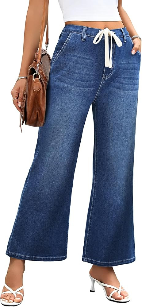 HDLTE Wide Leg Jeans Woman High Waisted Trendy Pull On Elastic Waist Drawstring Stretchy Denim Je... | Amazon (US)