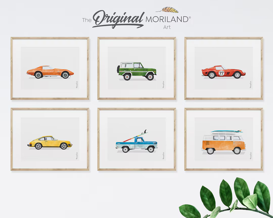 Classic Cars Art Prints - Printable Set of 6, Race Car Poster, Car Prints for Boys Room, Surf Nur... | Etsy (US)