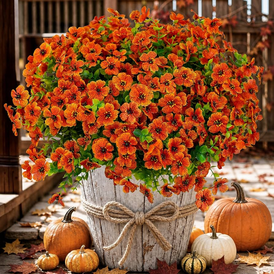 AXYLEX Artificial Fall Flowers Outdoor Fake Mums (Red Orange, 16 Pack) | Amazon (US)