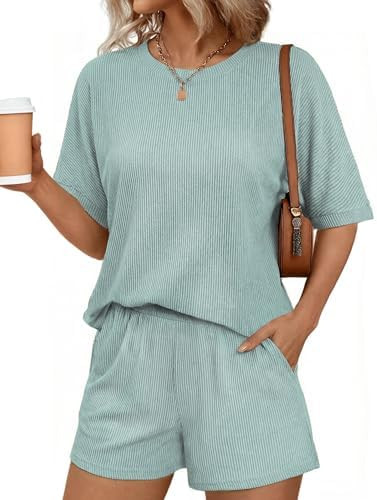 Ekouaer Women 2 Piece Lounge Set 2026 Summer Cruise Outfits Ribbed Loose Short Sleeve Matching Se... | Amazon (US)