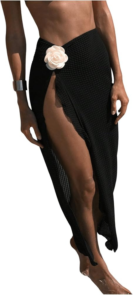 Women's Beach Cover Up Skirt 3D Flower Crochet Out High Split Swimsuit Bathing Suit Beach Skirt | Amazon (US)