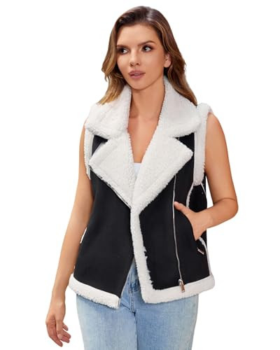 DIASHINY Women’s Fur Suede Vest Winter Warm Sherpa Leather Fur Lined Vest Black M | Amazon (US)