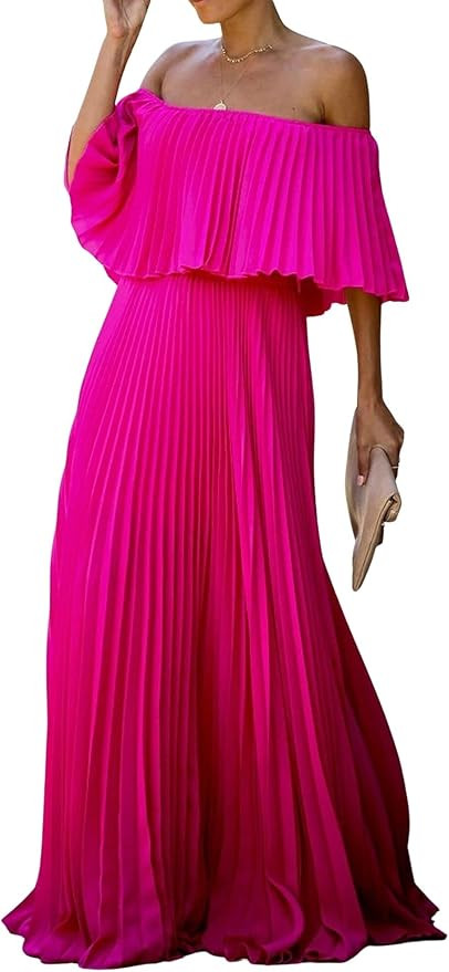 CHARTOU Women's Chiffon Off Shoulder Pleated Maxi Dress Party Beach Flowy Ruffle Tube Dress | Amazon (US)