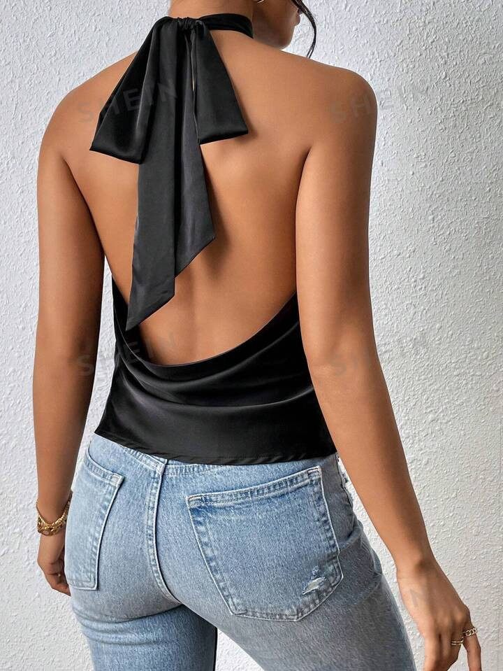 SHEIN Privé Draped Tie Backless Halter Top | SHEIN