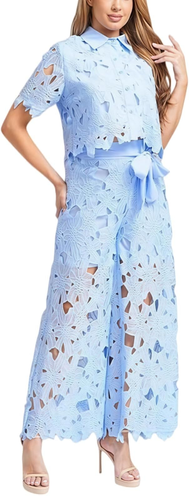 Two Piece Outfits for Women 2026 Lapel Hollow out Lace Vest Pants Set Vest and Pants Set Women La... | Amazon (US)