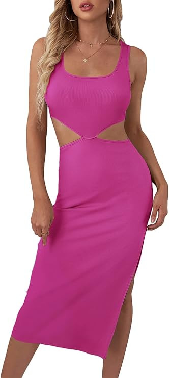 Verdusa Women's Cut Out Waist Split Side Square Neck Midi Bodycon Tank Dress | Amazon (US)
