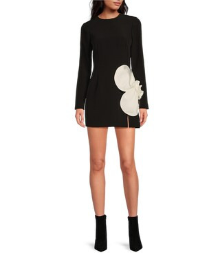 Layla Crepe Crew Neck Long Sleeve Flower Applique Mini Dress | Dillard's