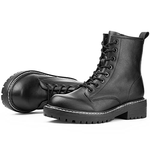 ICHIGO Women’s Fashion Ankle Booties Causal 8-Eye Side Zipper Lace-up Combat Boots(Black leather 9.5) | Amazon (US)