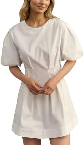 Women Puff Sleeve Mini Shirt Dress Crew Neck A Line Short Dress Cute Pleated Babydoll Dress Summe... | Amazon (US)