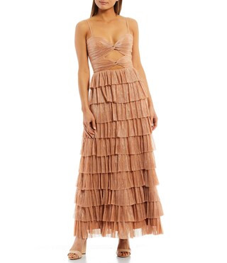 Grace Sleeveless Sweetheart Neck Tiered Cut Out Metallic Gown | Dillards