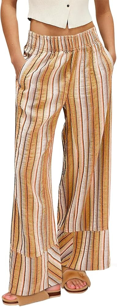 Cicy Bell Womens Wide Leg Lounge Pants Elastic High Waisted Striped Palazzo Pants Flowy Casual Be... | Amazon (US)