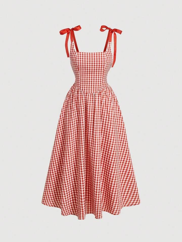 SHEIN MOD Gingham Print Spaghetti Strap Dress With Knot Detail On Shoulder | SHEIN
