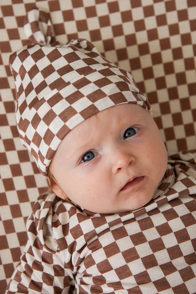 Mocha Chequer Knotted Hat | Solly Baby