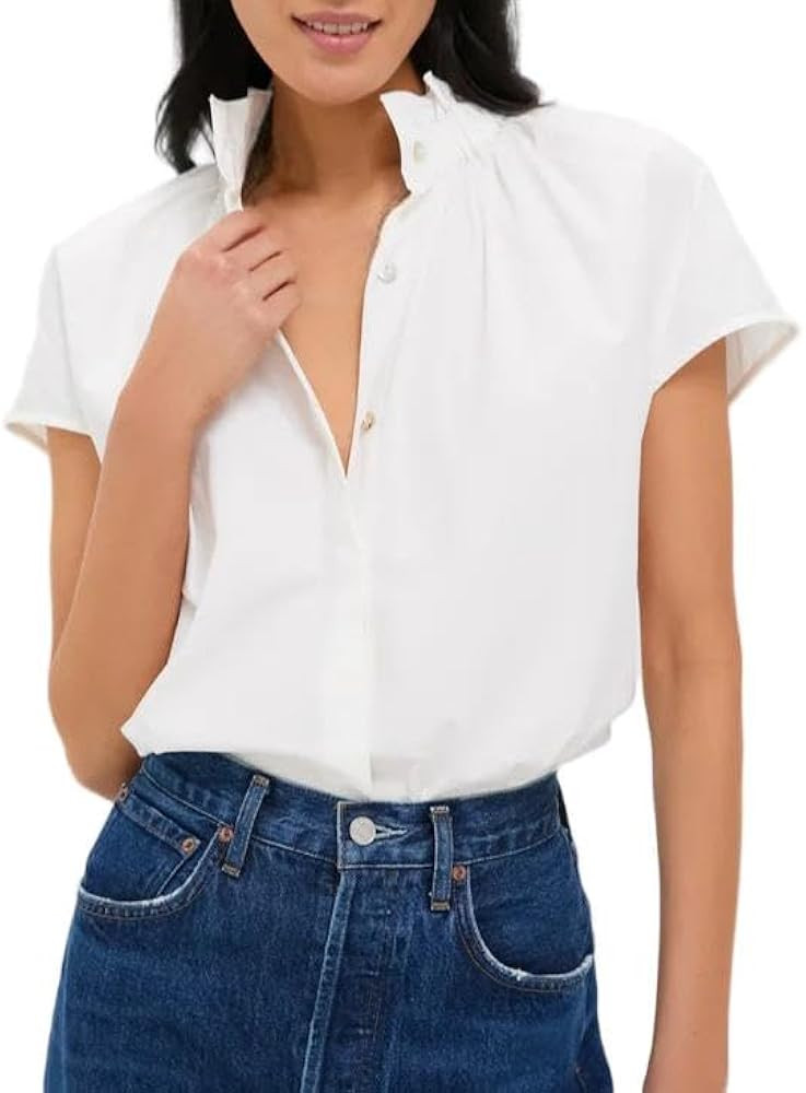 VAOYIU Women's Ruffled Mock Neck Blouse Short Sleeve Button Front Relaxed Fit Shirt | Amazon (US)