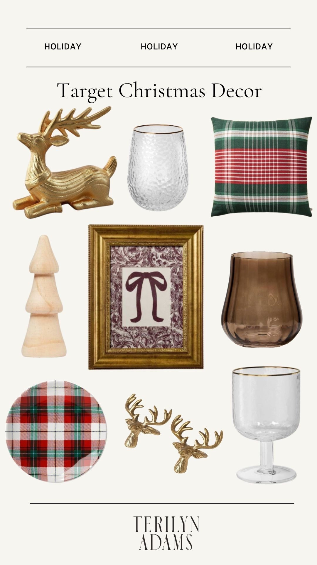 Target Christmas decor
Plaid throw pillows 
Gold reindeer 
Plaid plates
Colored cups
Framed bow artwork
Reindeer napkin rings

#LTKSeasonal #LTKHoliday #LTKHome