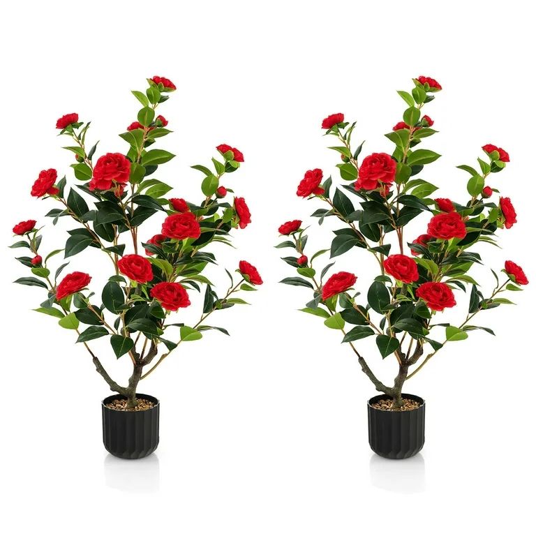 Gymax 2-Pack 38'' Artificial Camellia Tree Faux Floral Plant for Decoration Red | Walmart (US)