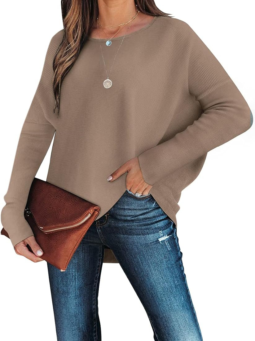 ANRABESS Women's Oversized Sweater Casual Boat Neck Long Batwing Sleeve Asymmetric Hem Knit Slouc... | Amazon (US)