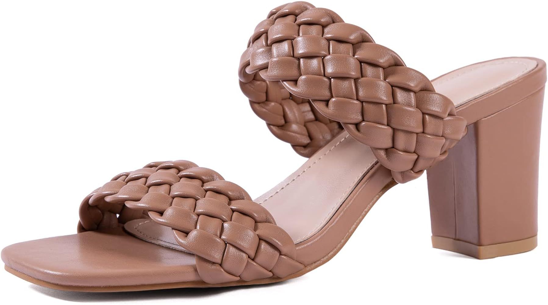 Women Heels Sandals Woven Chunky Heels Braided Nude Square Toes Leather Comfortable Strappy Dress... | Amazon (US)