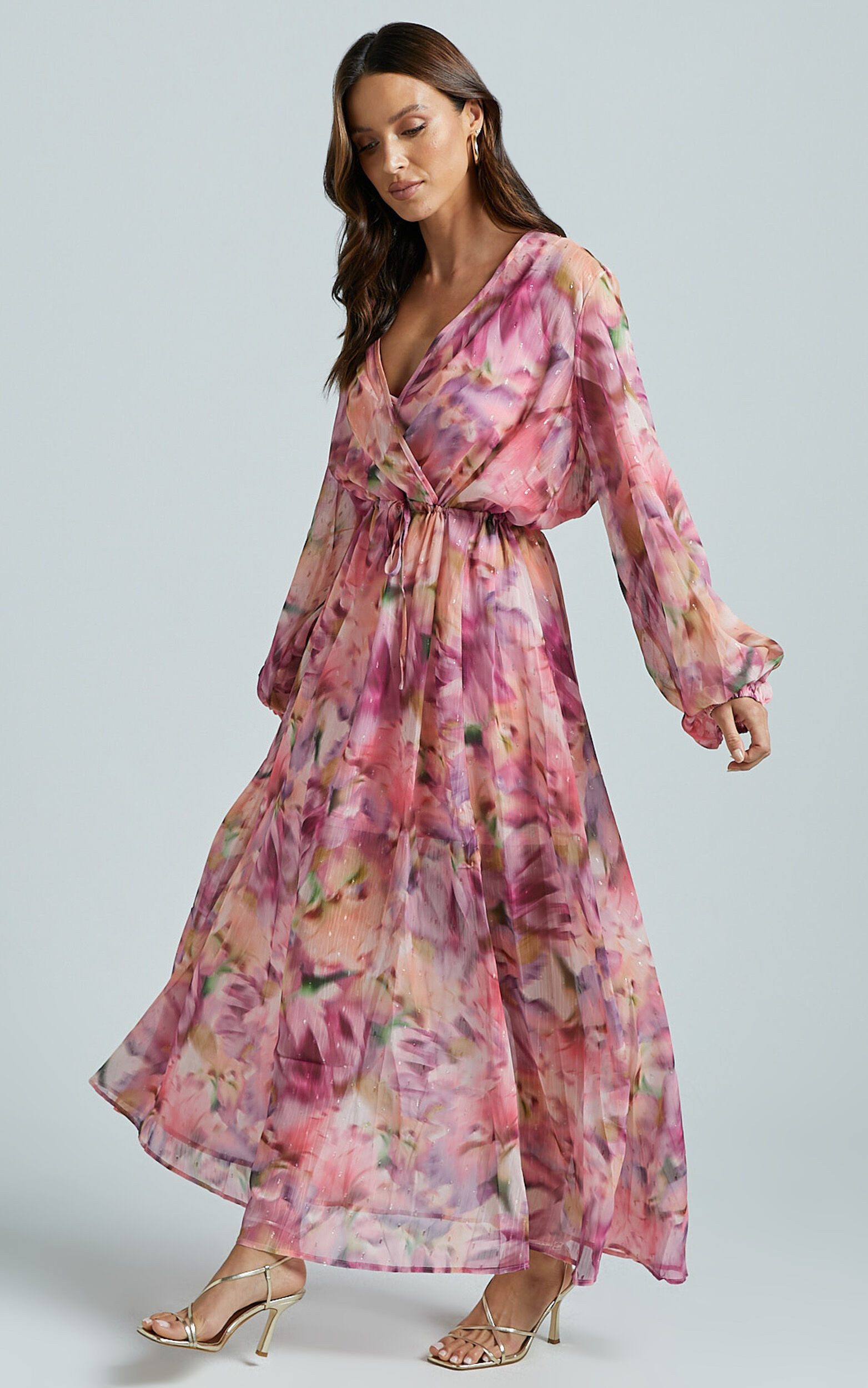 Freyja Maxi Dress - Plunge Long Bishop Sleeve Waist Tie Dress in Pink floral | Showpo (US, UK & Europe)
